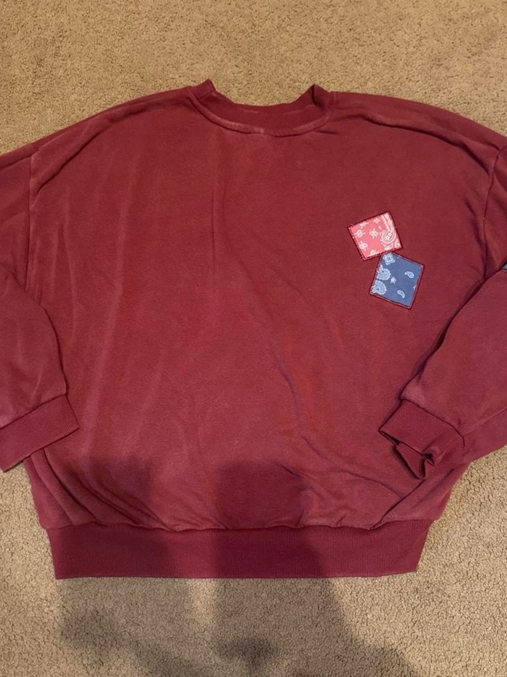 Burgundy Crewneck Sweatshirt with Bandana Patch Accents